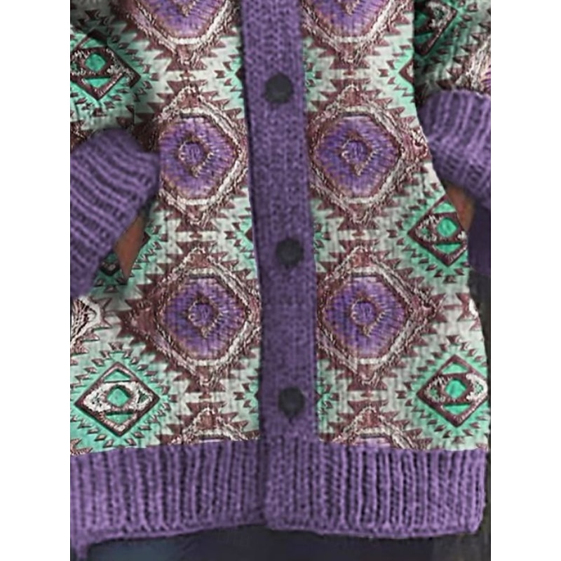 Women's Cardigan Vacation Vintage Daily Graphic Color Block Ribbed Hooded Knitted Print Front Pocket Long Sleeve Regular Tops Knit Outdoor Daily Holiday Blue Purple Fall Winter3