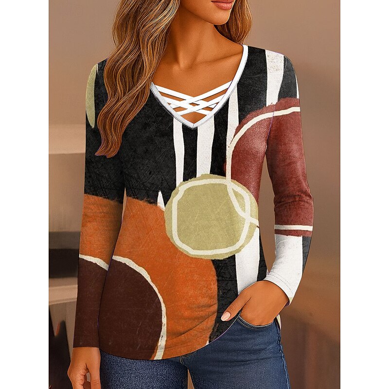 Women's T Shirt Graphic Geometric Vintage Stylish Classic Long Sleeve V Neck Regular Tops Daily Cut Out Print Pink Blue Brown Green Spring Fall