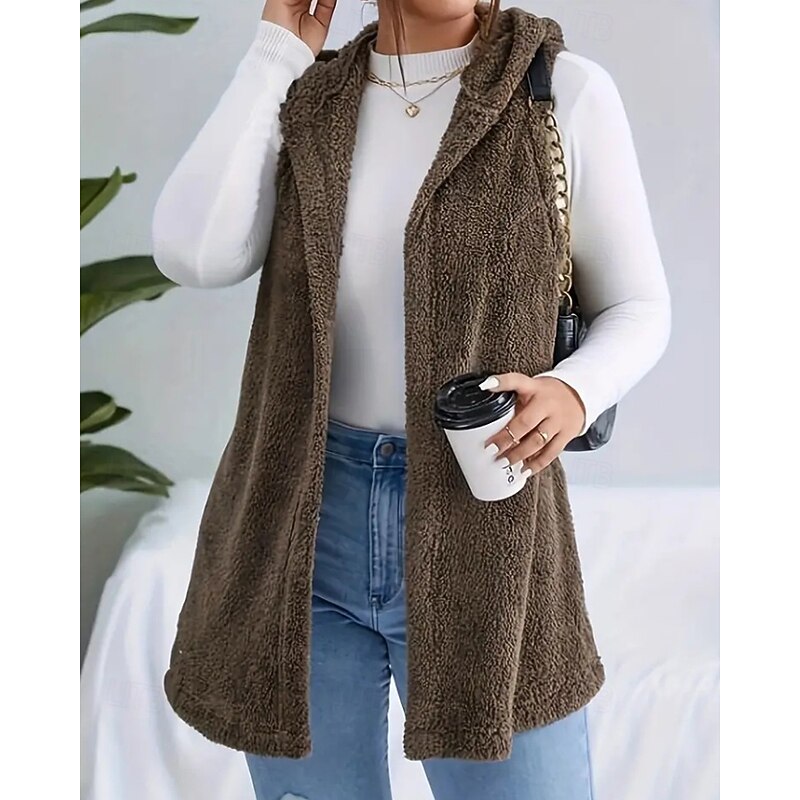 Women's Vest Warm Comfortable Pocket Casual Plain Holiday Daily Wear Open Front Regular Hooded Regular Fit Sleeveless Outerwear Coffee Fall Winter2