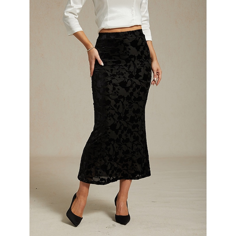 Women's Skirt Trumpet / Mermaid Elegant Vintage Maxi High Waist Skirts Stretchy Black Spring Velvet