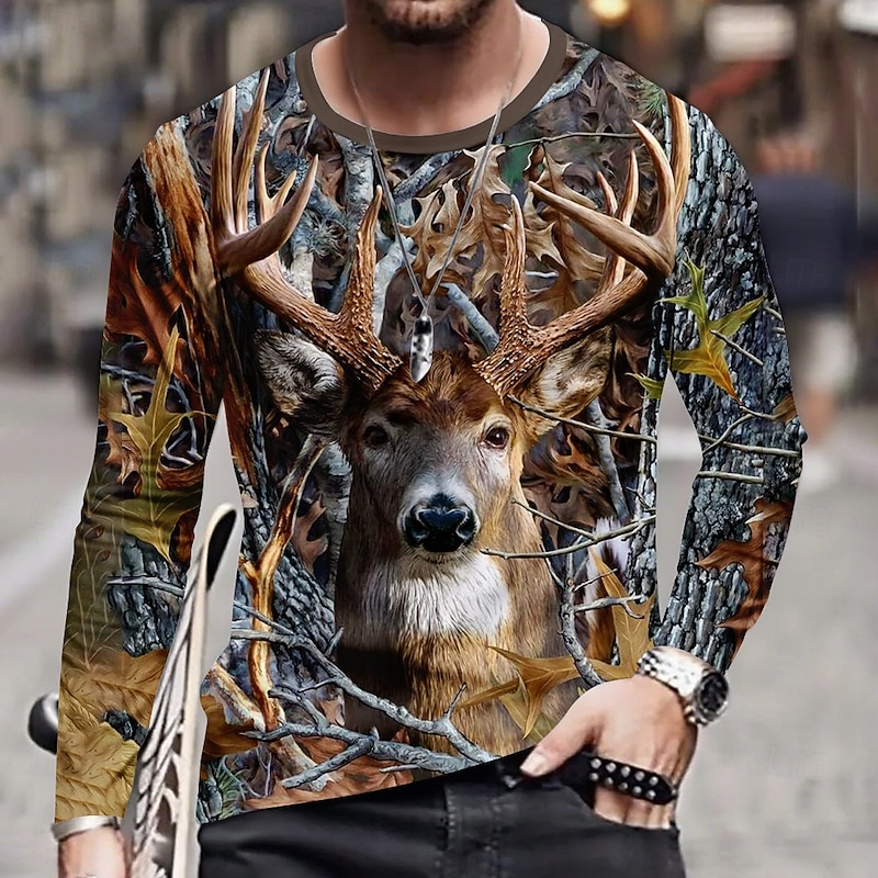 Men's Camo Deer T Shirt Long Sleeve T shirt 3D Print Crew Neck Shirt Fashion Outdoor Street Sports Outdoor Hunting Dark Brown Light Brown Brown Summer Spring Clothing Apparel S M L XL XXL XXXL