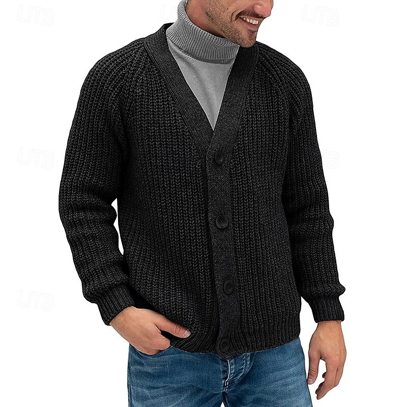 Men's Cardigan Sweater Cropped  Sweater Knit Sweater Ribbed Knit Regular Tops Button Up Plain V Neck Fashion Classic Vacation Daily Wear Clothing Apparel Fall Winter Black Navy Blue M L XL4