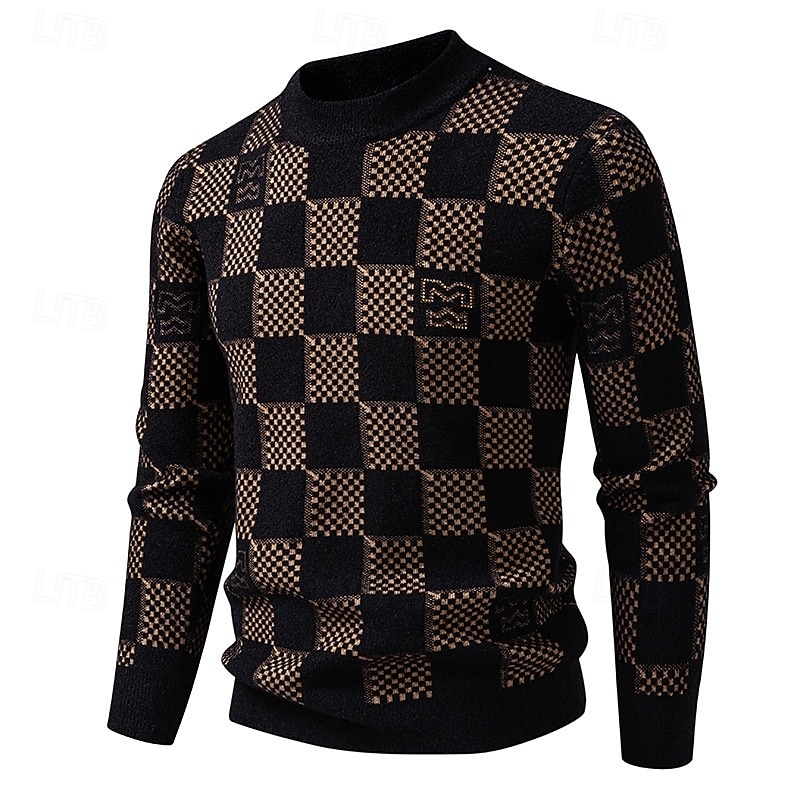 Men's Sweater Pullover Sweater Jumper Ribbed Knit Regular Tops Knitted Slim Fit Plaid Crew Neck Knitwear Contemporary Casual Daily Wear Clothing Apparel Fall Winter Camel Burgundy M L XL4