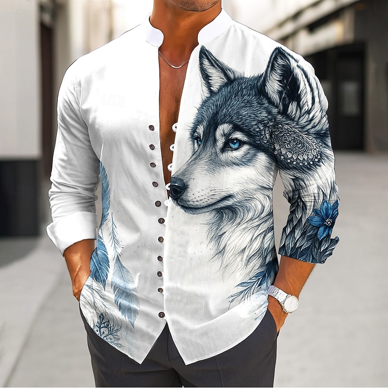 Men's Animal Wolf Shirt Stand Collar Shirt Long Sleeve Vintage Retro Vacation Casual Spring Fall Mandarin Collar Band Collar Button-Down Linen Like Shirt White