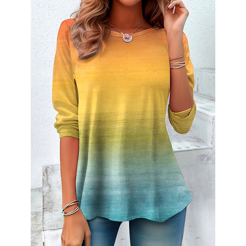 Women's T Shirt Graphic Striped Vintage Stylish Classic Long Sleeve Crew Neck Regular Tops Daily Print Yellow Pink Blue Spring Fall Winter2