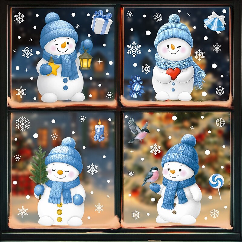 4 Sheets Christmas Window Cling Wall Sticker Decals Decorations, Candy, Snowflakes, Gift Boxes & Snowmen, Static Cling, Storefront & Home Glass Decor