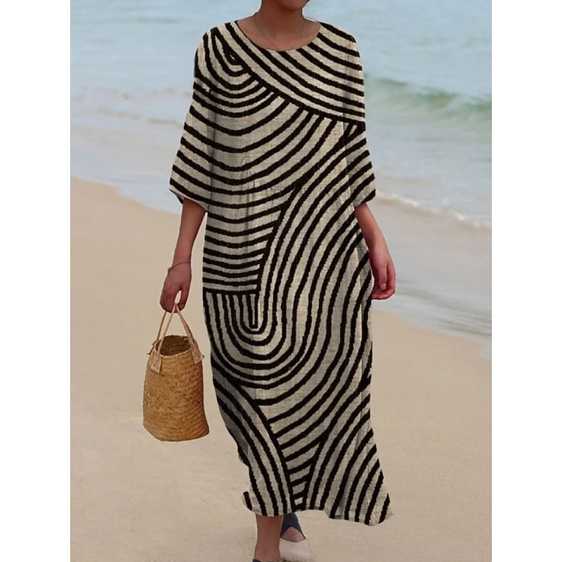 Women's Maxi Dress Kaftan 3/4 Length Sleeve Crew Neck Casual Shift Dress A Line Dress Dress Boho Daily Date Going out Geometric Dark Brown Yellow Red Purple