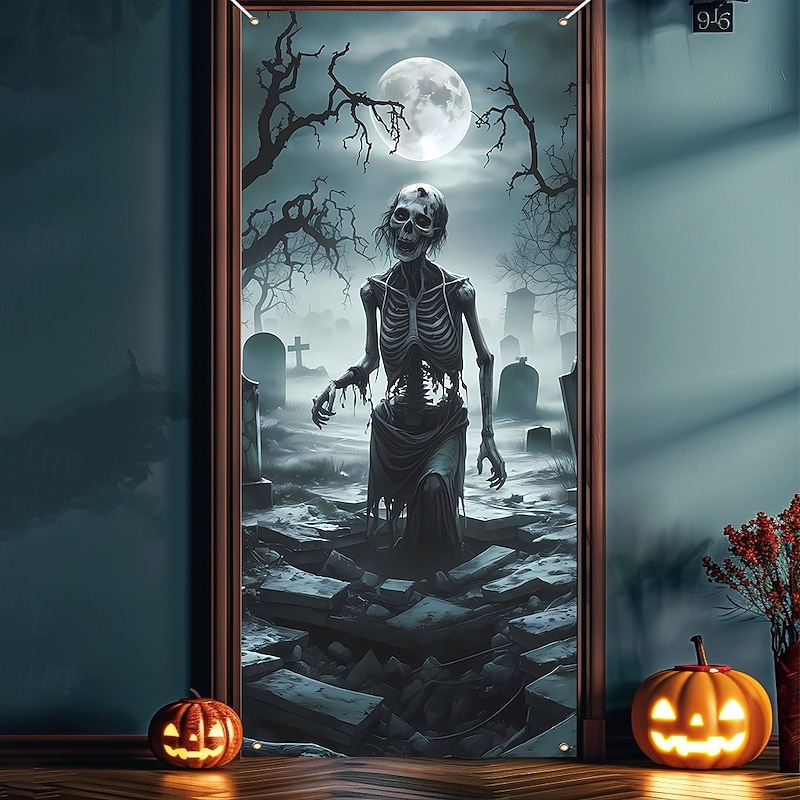 Halloween Tapestry Door Cover Outdoor Banners Skeleton Zombies Psychedelic Dark Punk Gothic Style Party Outdoor Shooting Backgrounds Front Door Wall Porch Home Decor