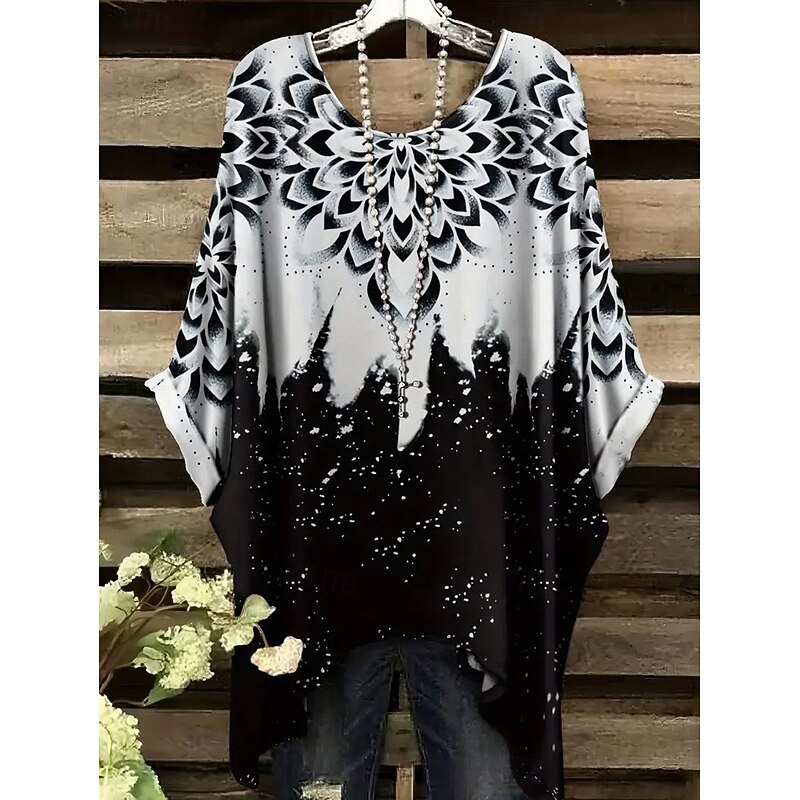 Women's Blouse Graphic Geometric Vintage Daily Casual Half Sleeve Batwing Sleeve Crew Neck Regular Tops Daily Holiday Beach Wear Asymmetric Black White Blue Green Khaki Summer Spring4