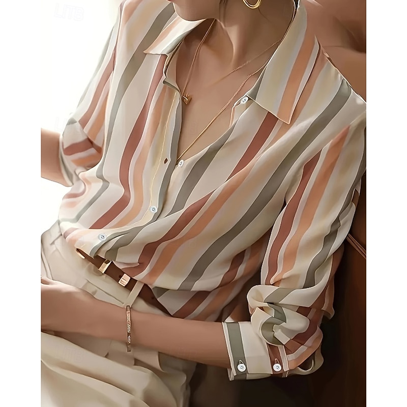 Women's Shirt Blouse Striped Modern Casual Long Sleeve Shirt Collar Regular Tops Daily Holiday Going out Print Purple Brown Fall