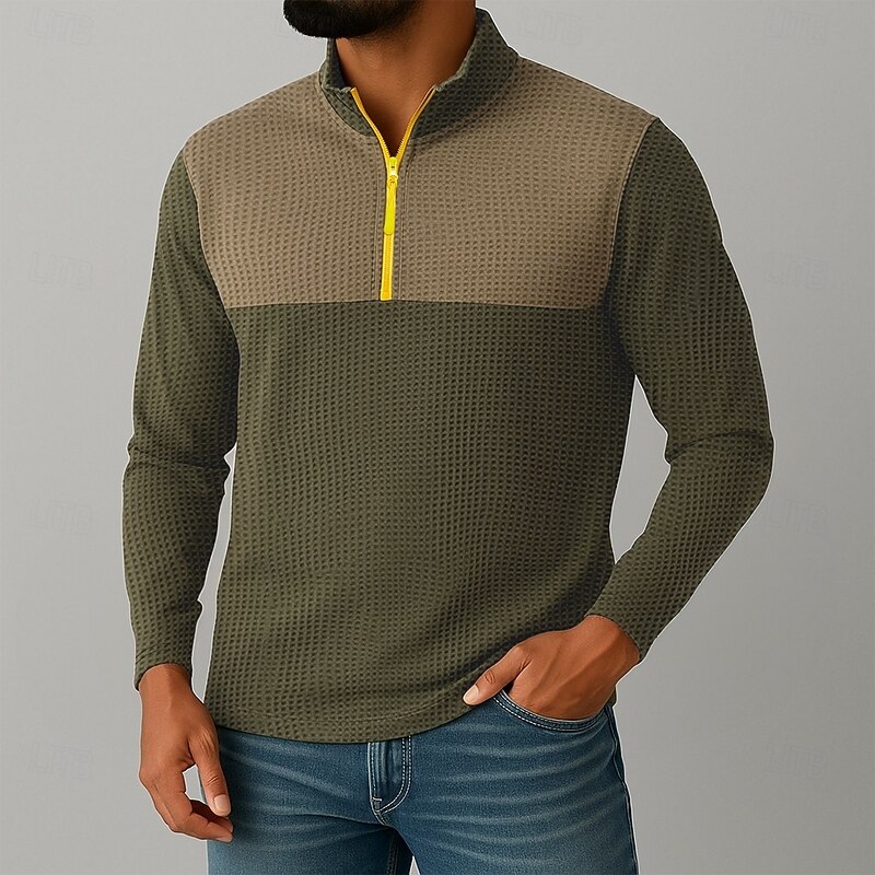 Men's Waffle Shirt T Shirt Zip Half Shirt Tee Top Long Sleeve Quarter Zip Fall Spring &  Fall Color Block Textured Fashion Designer Basic Patchwork Color Block Vacation Street Casual Black Coffee Gray