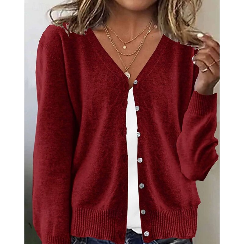Women's Cardigan Vintage Daily Vintage Style Solid Color Ribbed V Neck Buttons Knitted Long Sleeve Regular Tops Knit Outdoor Daily Black White Fall Winter2