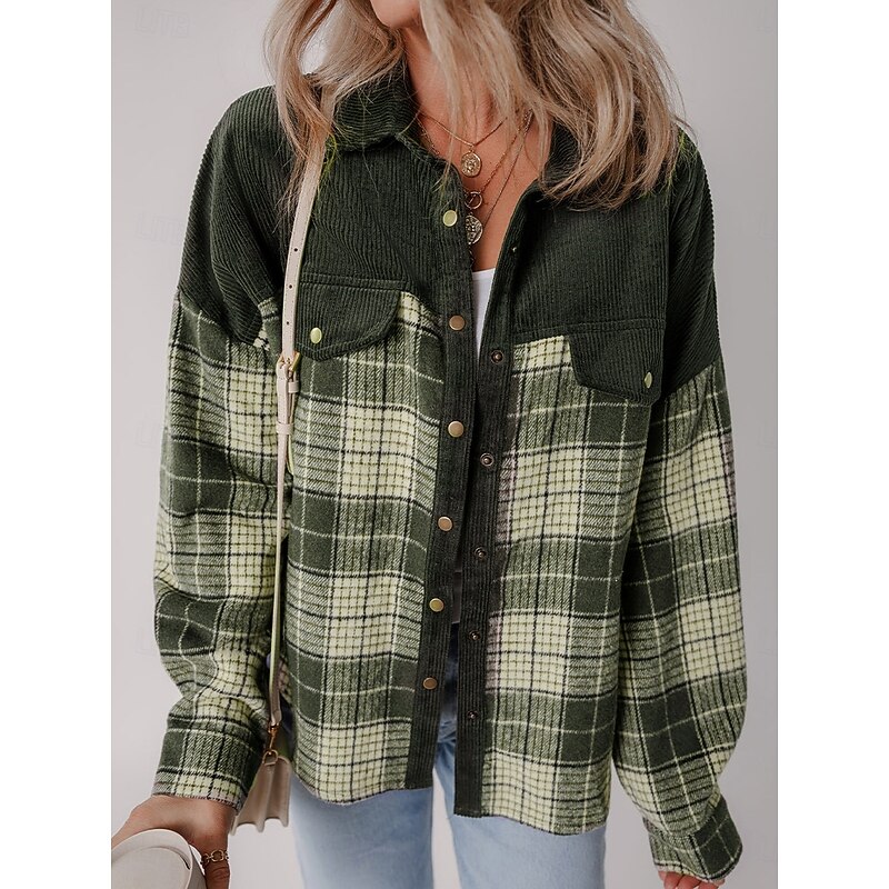 Women's Shirt Jacket Comfortable Patchwork Active Fashion Casual Lattice School Outdoor Vacation Home Buttoned Front Regular Turndown Loose Fit Long Sleeve Outerwear lattice Spring Fall2
