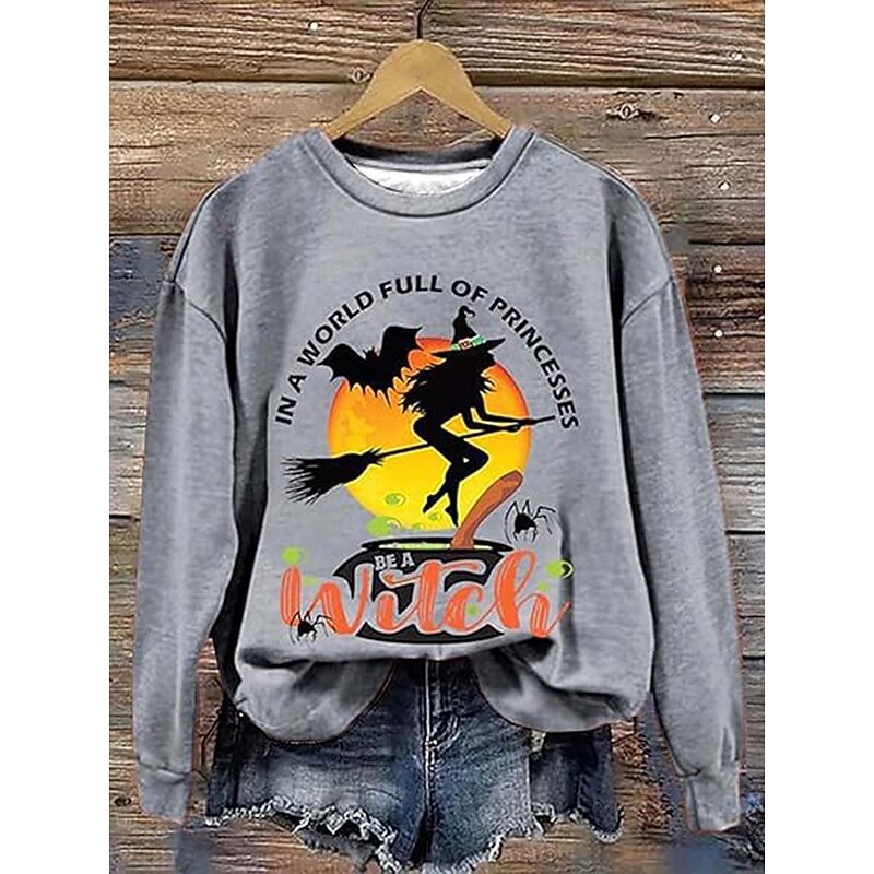 Halloween Women's Pullover Sweatshirt Witch Graphic Fashion Casual Long Sleeve Crew Neck Regular Tops Street Dailywear Casual Print Orange Green Beige Gray Fall Winter4