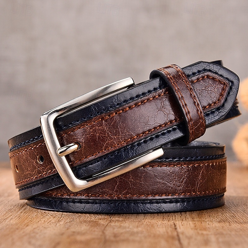 Men's Belt Waist Belt Kakhi Camel PU Leather Alloy Durable Adjustable Color Block Outdoor Daily3