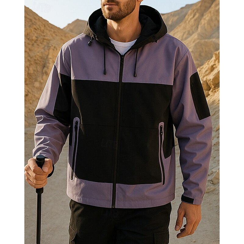 Men's Outdoor Jacket Hiking Jacket Outdoor Waterproof Windproof Hiking Outfits Hiking Clothes Spring Autumn / Fall Jacket Hunting Climbing Running Patchwork Black Yellow Dark Purple4