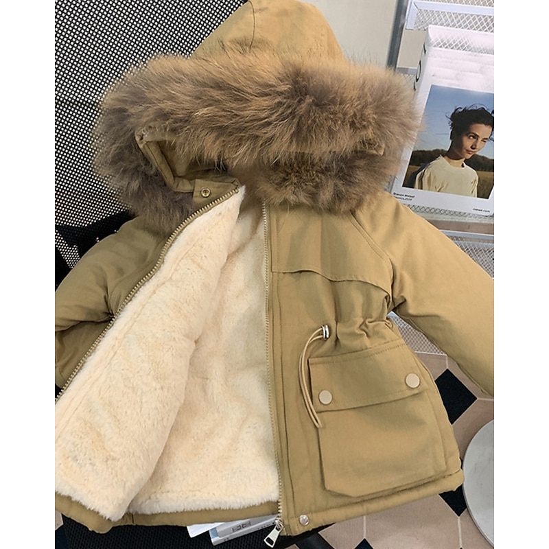 Kids Girls' Down Coat Solid Color Fashion Fur Trim Zipper Pocket School Coat Outerwear 4-12 Years Winter Pink Khaki