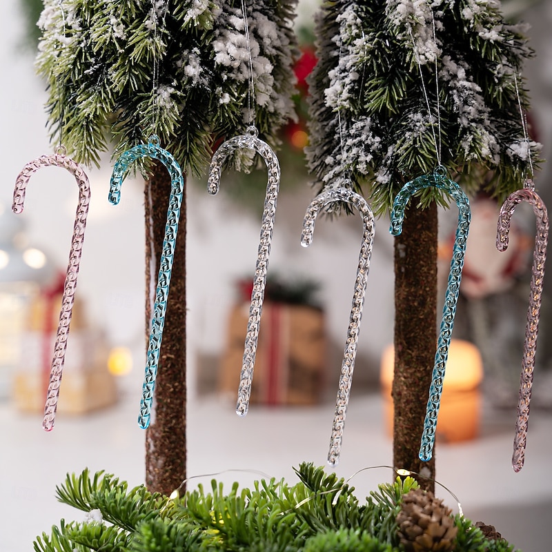 6PCS Christmas Tree Acrylic Candy Cane Ornaments, Transparent Crystal Icicle Cane Pendants, Colorful Hanging Decorations for Xmas Tree and Holiday Party