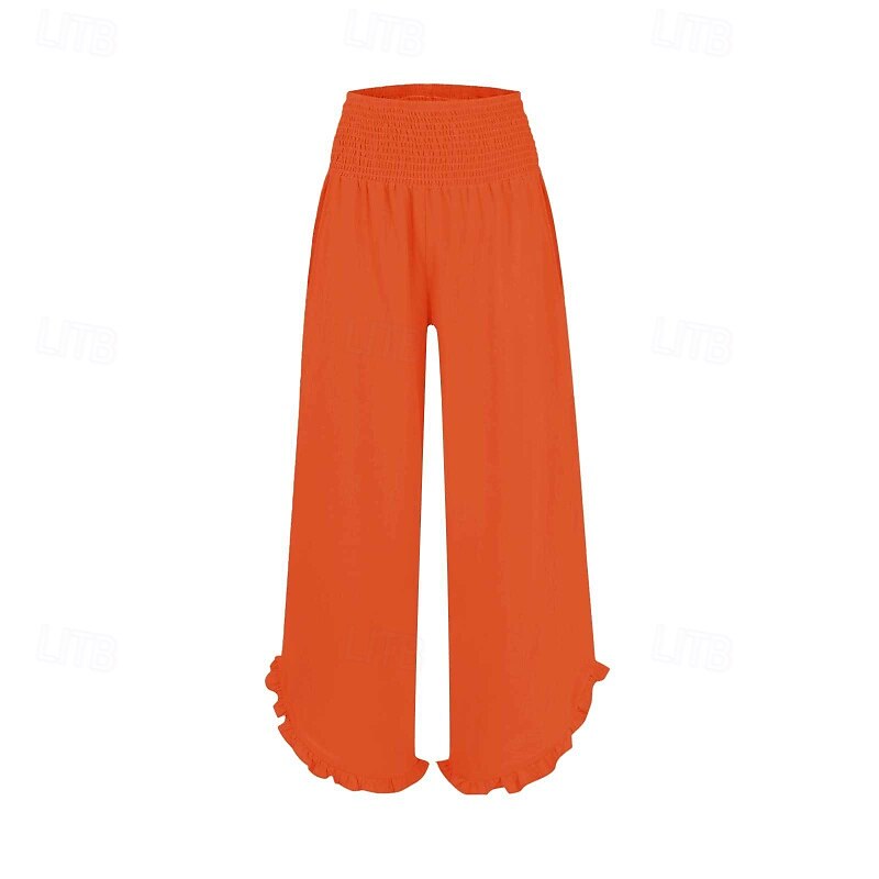 Women's Cotton Linen Pants Wide Leg Slacks Streetwear Casual Full Length Natural Plain Elastic Waist Comfortable Street Holiday Daily Wear claret Orange red Spring Grass Green Yellow Fall Regular Fit4