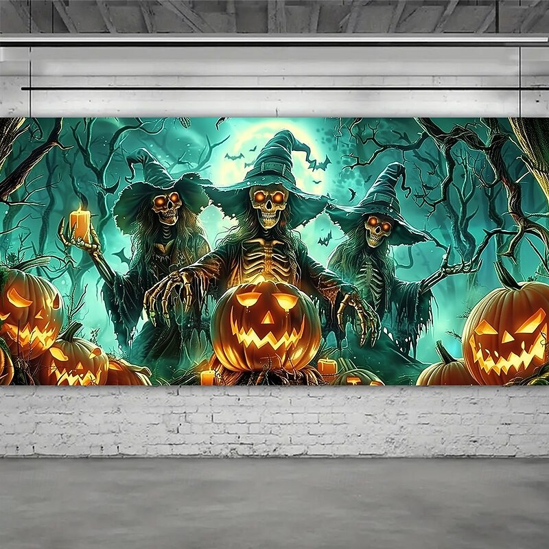 Halloween Garage Door Cover Skeleton Witches Banner with Glowing Pumpkin Lanterns Haunted Forest Moonlight Backdrop Tapestry for Spooky Outdoor Decoration3