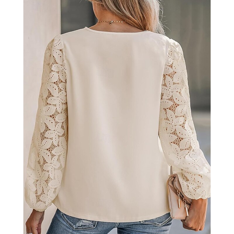 Women's Lace Shirt Blouse Plain Stylish Modern Long Sleeve V Neck Regular Tops Daily Going out Lace Patchwork Navy Blue Apricot Fall3