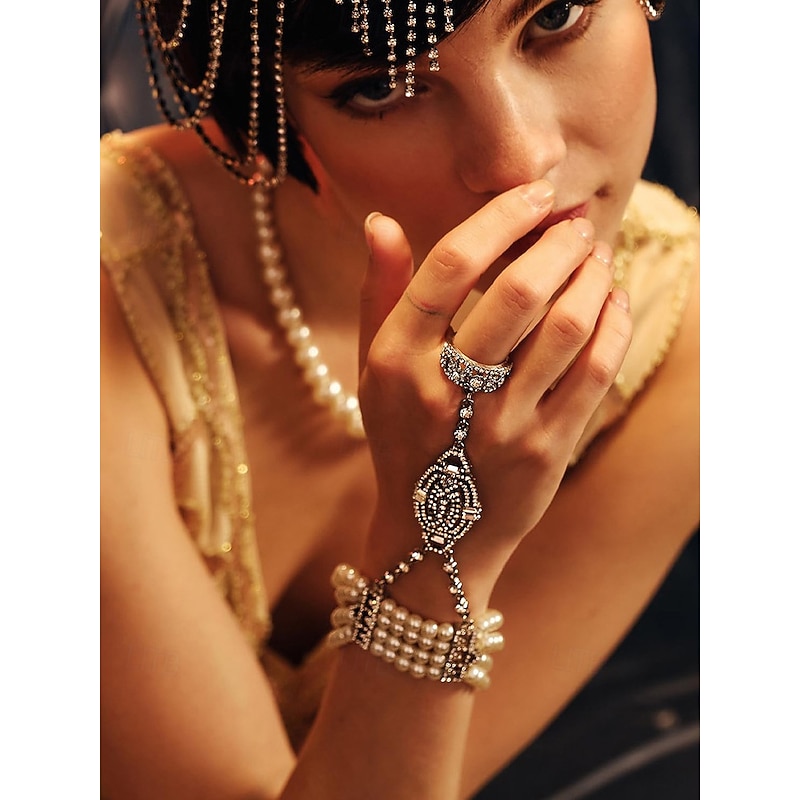Women's 1920s Pearl Hand Chain Bracelet Ring - Art Deco Flapper Style Jewelry for Gatsby Themed Parties and Vintage Costume Events2