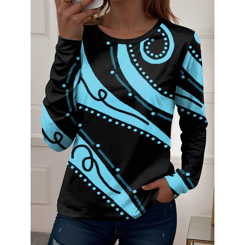Women's T Shirt Graphic Geometric Vintage Stylish Casual Long Sleeve Crew Neck Regular Tops Daily Print White Yellow Blue Purple Green Spring Fall Winter3