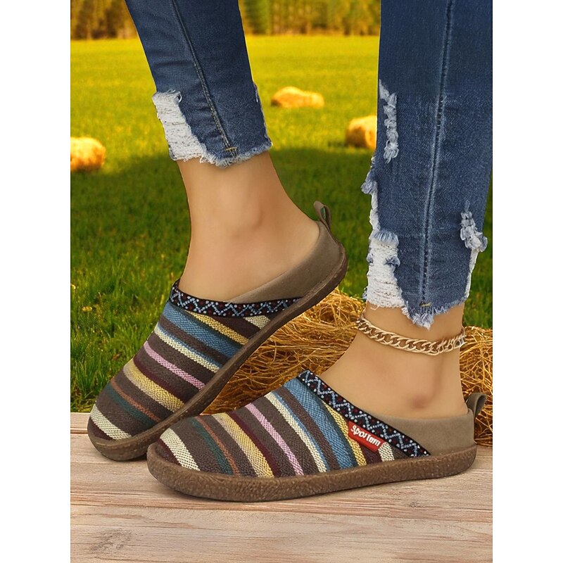Women's Wide Fit Multicolor Striped Slip-On Mules – Casual Comfort Shoes with Cork Insole for Walking, Travel and Everyday Wear3