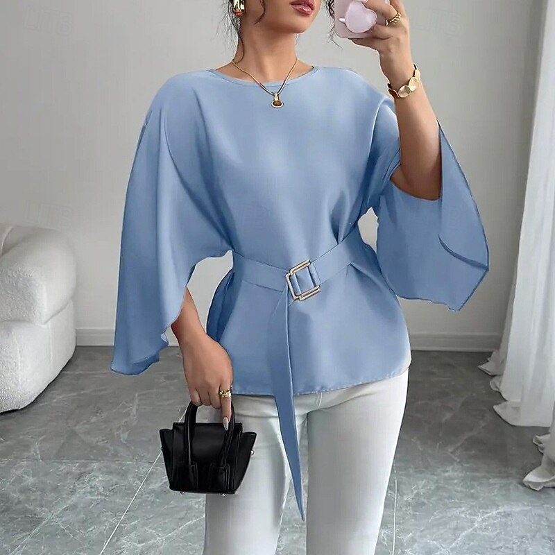 Women's Shirt Plain Elegant Vintage Daily Long Sleeve Half Sleeve Flutter Sleeve Crew Neck Regular Tops Work Daily Holiday Blue (with belt) Summer Spring Fall4