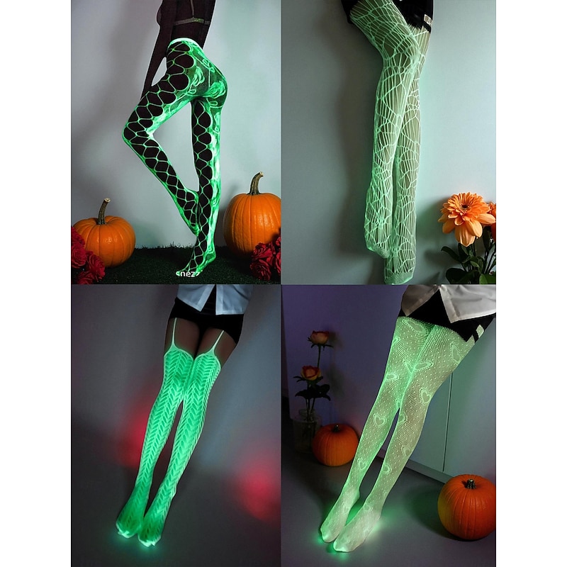 Women's Glow-in-the-Dark Pantyhose and Stockings - Luminous Halloween Tights with Skeleton, Web and Pattern Designs for Nightlife and Party Outfits