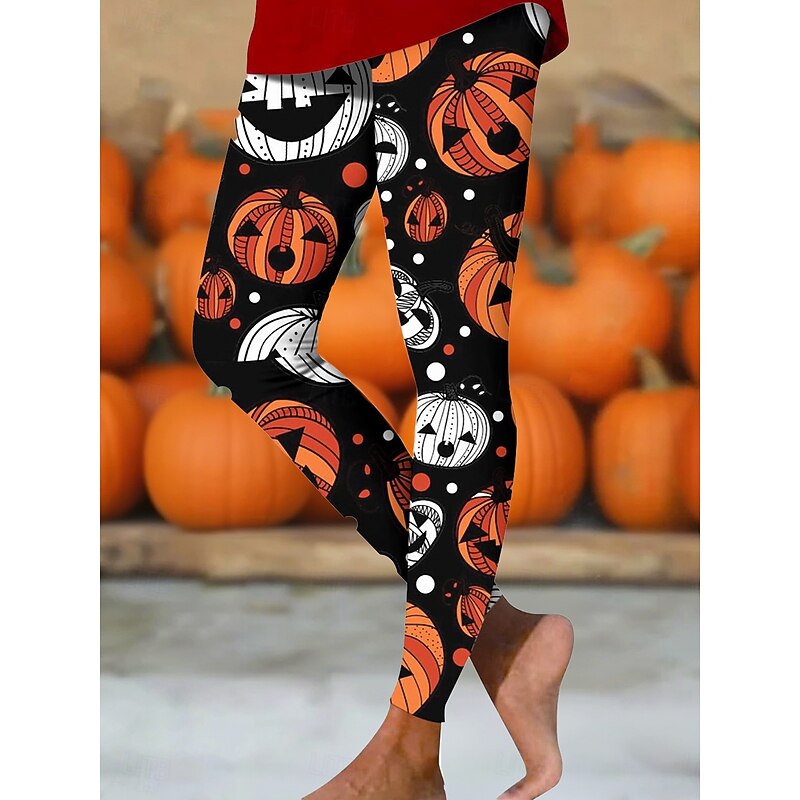 Women's Leggings Vintage Basic Casual Full Length High WaistPantsHalloween Graphic Pumpkin Halloween 3D Print Quick Dry Breathability Soft Stretchy Street Daily Festival Black White Orange Fall Skinny