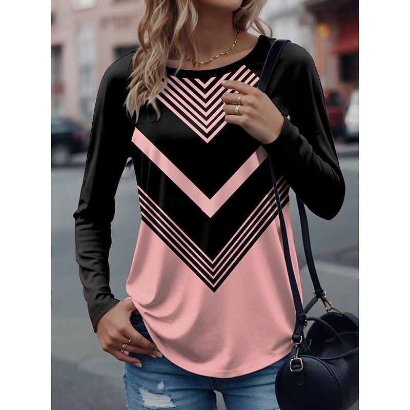 Women's T Shirt Graphic Geometric Stylish Casual Long Sleeve Crew Neck Regular Tops Daily Weekend Print White Pink Blue Purple Green Spring Fall Winter2