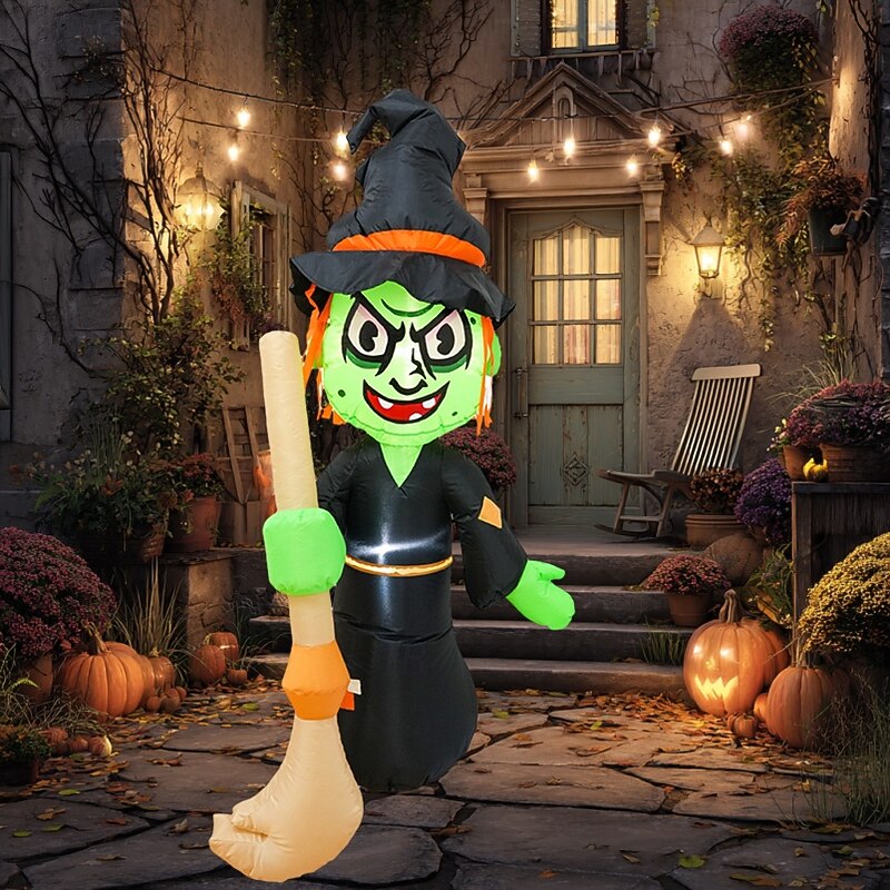 1 Pc 1.55M Halloween Broom Witch with Light Inflatable Air Model Indoor and Outdoor Courtyard Garden Lawn Party Halloween Festival Atmosphere Light EU/US/AU/UK Plug