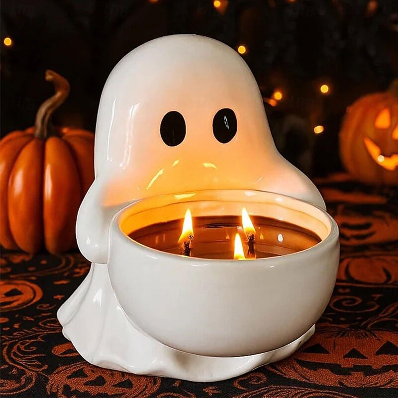 Resin Halloween Cute Ghost Decoration Candlestick Gothic Spooky Cute Ghost Decoration Halloween Candlestick Holder Cartoon Decorative Snack Storage Box