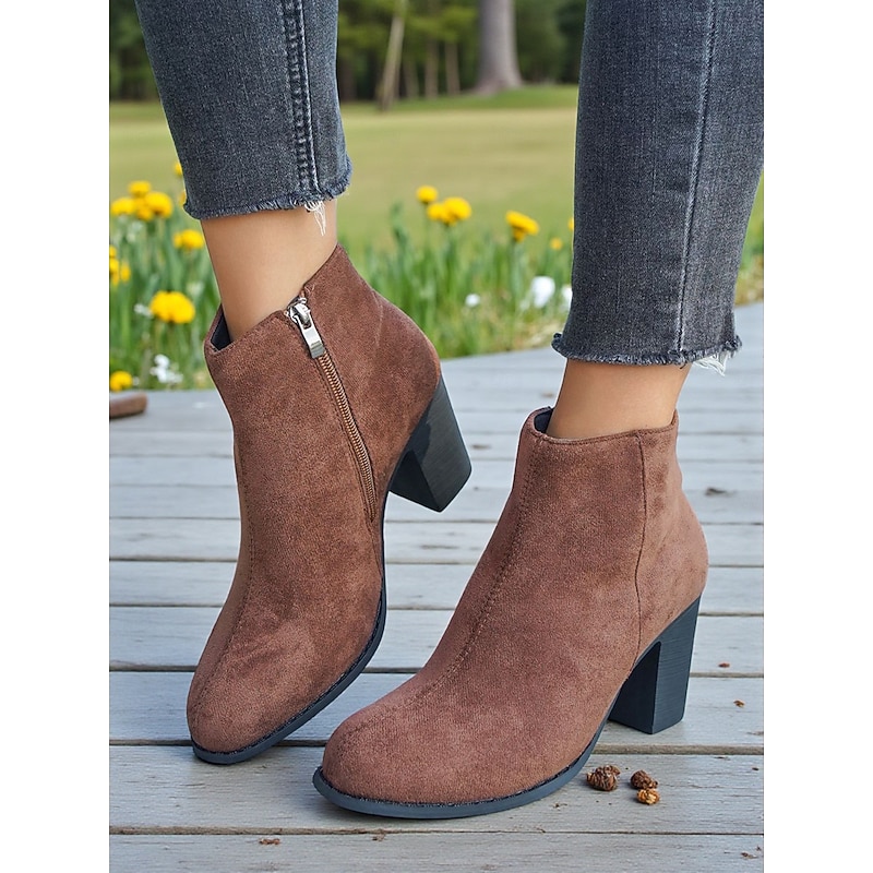 Women's Brown Faux Suede Ankle Boots with Side Zipper – Casual Block Heel Short Boots for Work, Shopping and Everyday Outfits