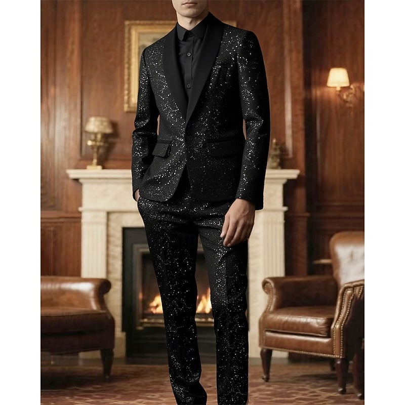 Men's Blazer Set Business Cocktail Party Wedding Party 2 Piece Fashion Casual Spring Fall Polyester Plain Pocket Glitter Comfortable Single Breasted Blazer Black