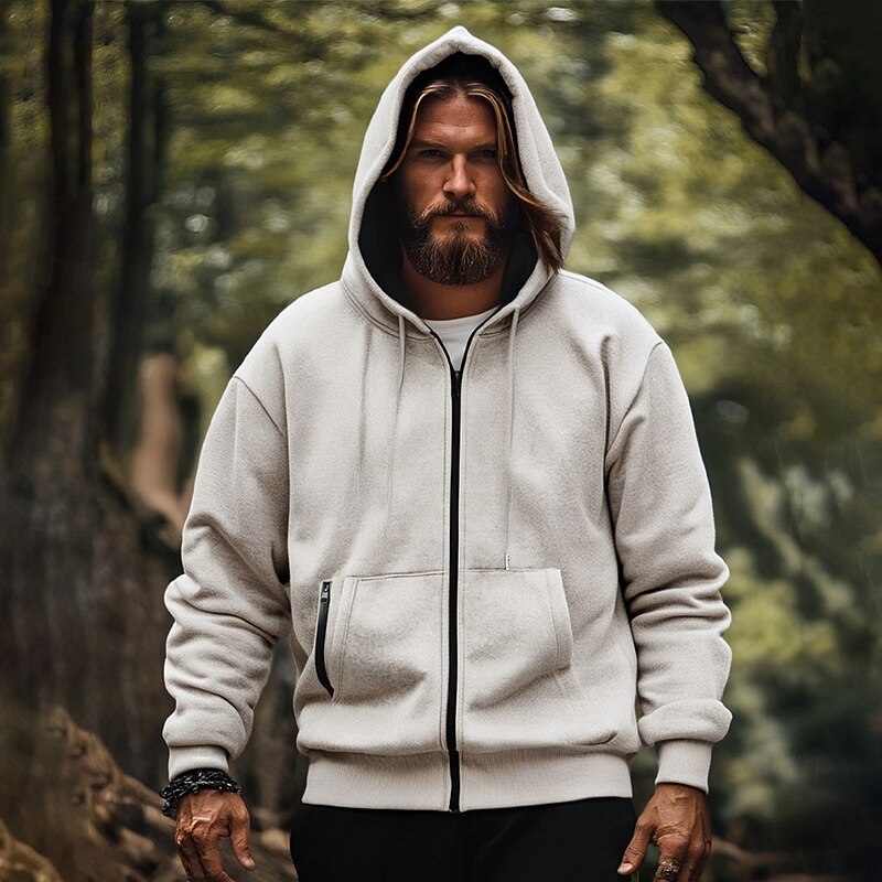 Men's Hoodie Full Zip Hoodie Black Navy Blue Khaki Light Grey Hooded Plain Drawstring Pocket Sports & Outdoor Daily Holiday Polyester Streetwear Basic Casual Spring Fall Clothing Apparel Hoodies