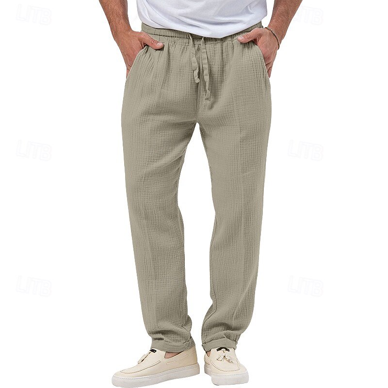 Men's Trousers Beach Shorts Casual Pants Seersucker Pants Drawstring Elastic Waist Straight Leg Plain Comfort Breathable Daily Holiday Vacation Fashion Casual Black White3