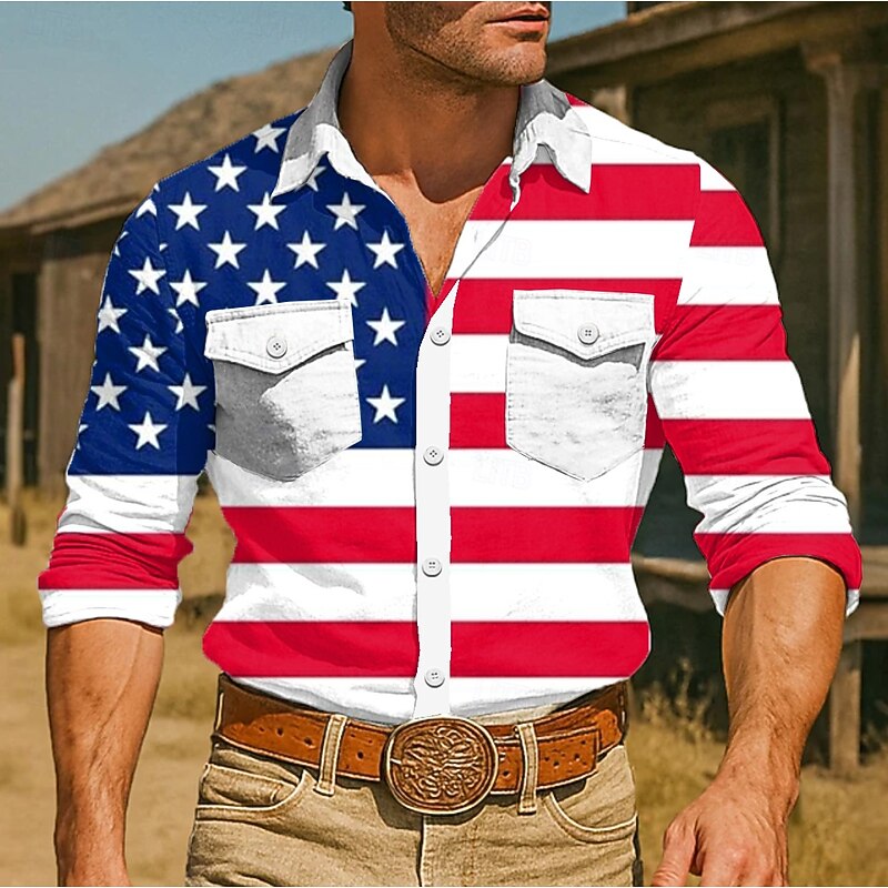 Men's American US Flag Shirt Western Shirt Cowboy Shirt Long Sleeve Vintage Retro Outdoor Casual WorkWear Summer Spring Fall Turndown Front Two Pockets Button Up Shirts White Dark Blue4