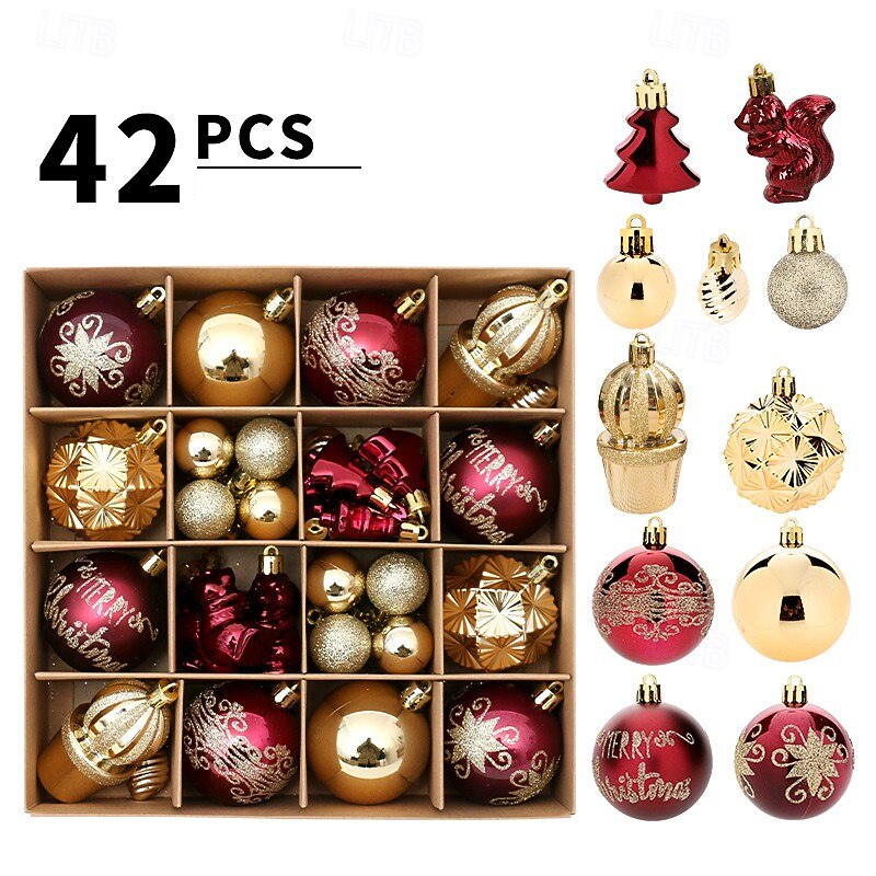 42pcs Christmas Tree Balls Baubles Ornaments, 6cm/2.36inch Xmas Decorations, Burgundy and Gold Painted Bauble Set for Holiday Tree Hanging