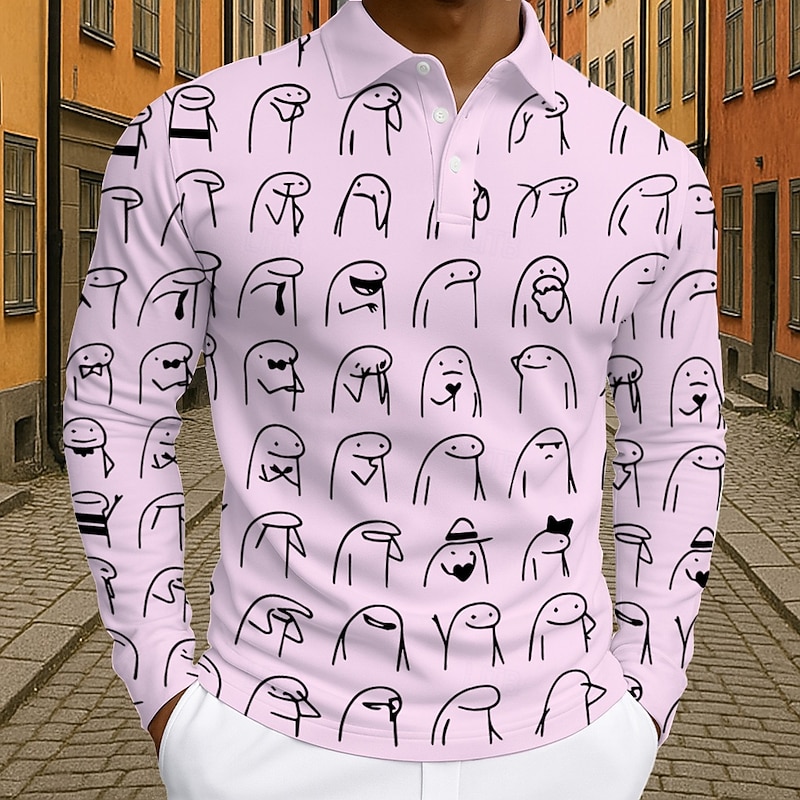 Mens Long Sleeve Polo Shirt Funny Flork Meme Graphic, Casual Lifestyle Wear3