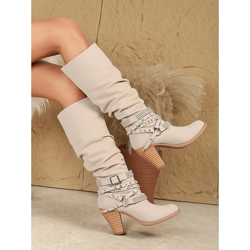 Women's Beige Slouchy Knee-High Boots with Buckle and Stud Accents, Vintage Western Style for Fall and Winter Casual Wear3