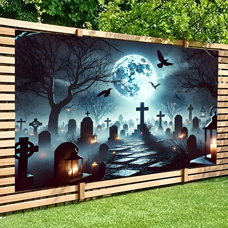 Halloween Tapestry – Happy Halloween Wall Hanging with Glowing Pumpkins, Skulls, Moonlight Forest and Spider Webs, Party Backdrop for Home or Bedroom Decor2