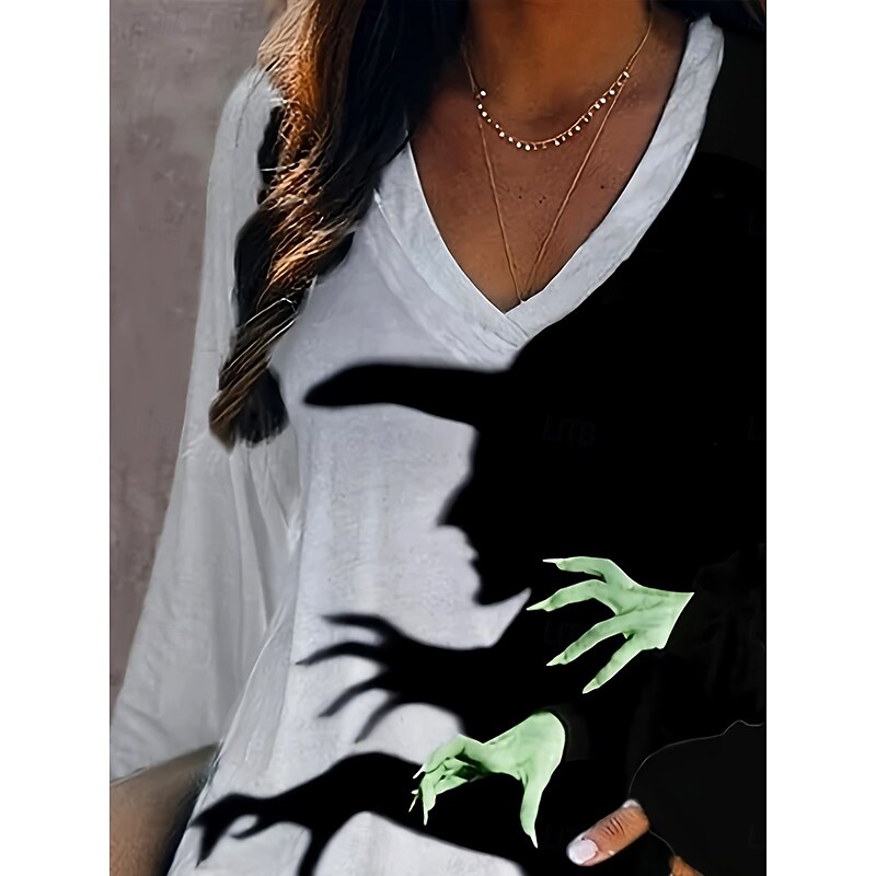 Halloween Women's T shirt Witch Graphic Vintage Stylish Classic Long Sleeve V Neck Regular Tops Daily Print Black Fall Winter2