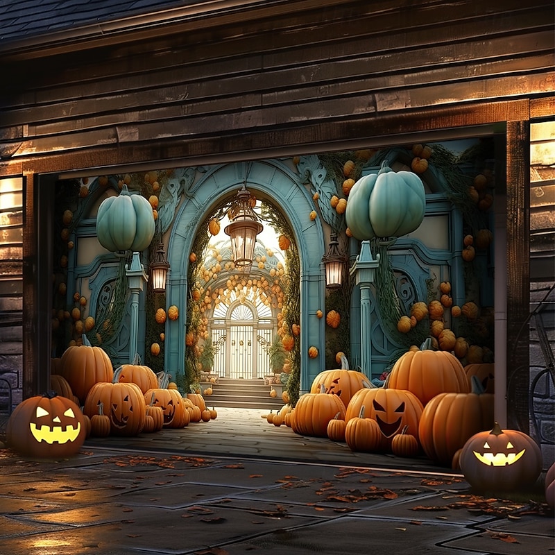 Halloween Garage Door Cover Large Hanging Backdrop Pumpkin 3D Dark Punk Gothic Style Party Outdoor Shooting Backgrounds Front Door Home Decor3