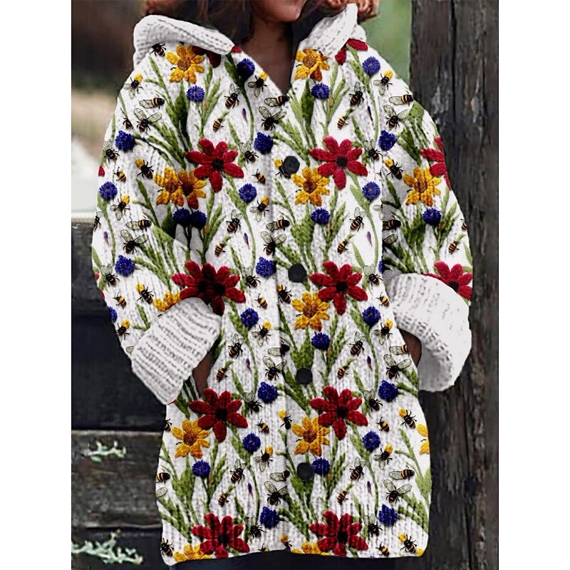 Women's Cardigan Vacation Daily Floral Ribbed Hooded Knitted Print Front Pocket Long Sleeve Regular Tops Knit Outdoor Daily Holiday White Light Green Fall Winter3