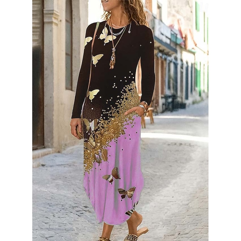 Women's Midi Dress Sheath Dress T Shirt Dress Tee Dress Vacation Casual Daily Regular Fit Floral Graphic Long Sleeve Crew Neck Yellow Pink Blue Gray Spring Fall Winter Autumn4