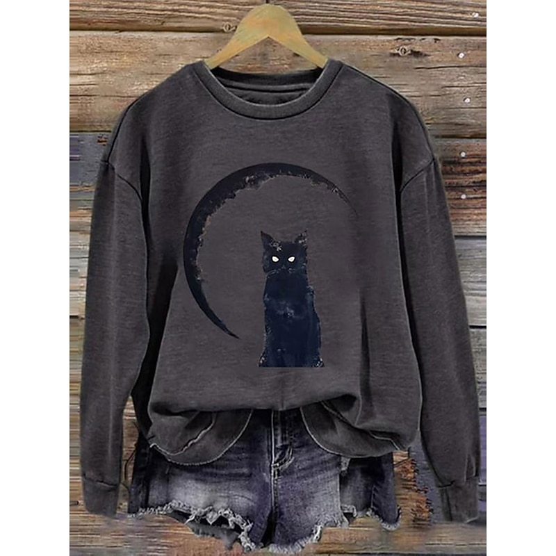 Halloween Women's Sweatshirts Black Cat Graphic Cat Casual Long Sleeve Crew Neck Regular Tops Street Dailywear Casual Print Orange Green Gray Fall Winter3