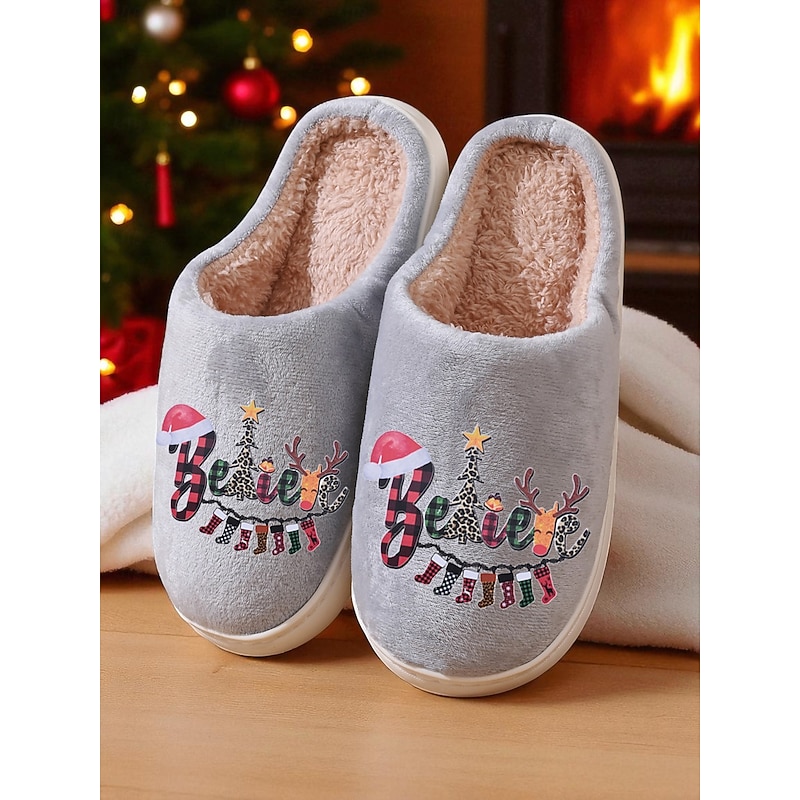 Women's Grey Christmas Slippers with Plush Lining and Believe Print – Warm Indoor Shoes for Holiday, Winter and Family Gatherings3