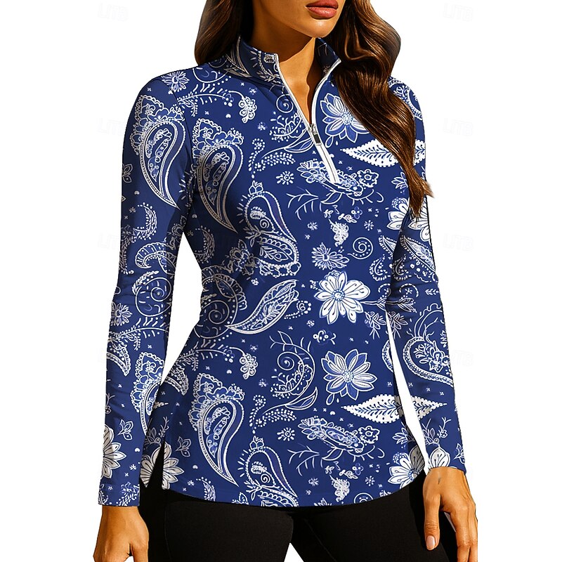 Women's Boho Tops Golf Polo Shirt Tennis Shirt Long Sleeve Print Quarter Zip Pullover UV Protection Elastic Breathable Tennis Golf Pickleball Zip Collar Shirt Polo Blue and White Tennis Clothing3